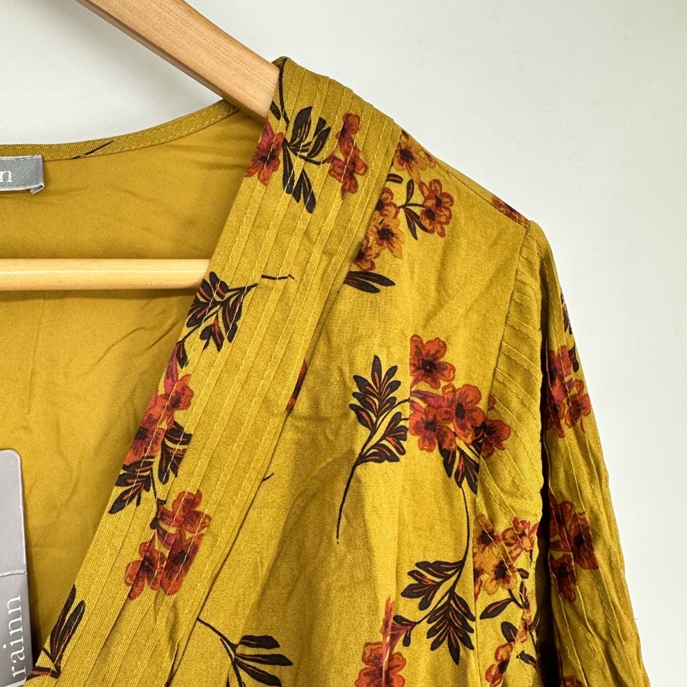 Daniel Rainn Mustard Floral Print Long Sleeve Dress size 2X NWT Surplice V Neck - Picture 8 of 12